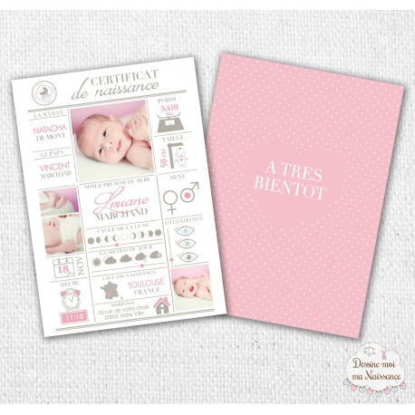 Faire part de naissance fille - "Certificat naissance"