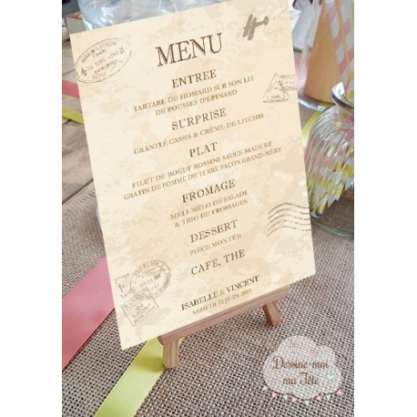 Menu sur Chevalet "Voyage vintage" personnalisé