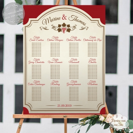 Plan de table Mariage "Les vins & Vignobles" personnalisé