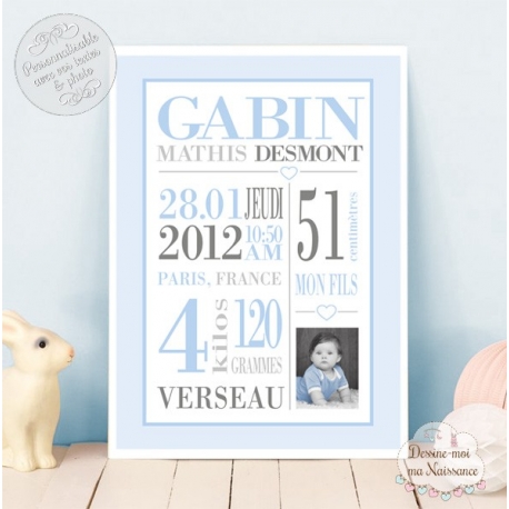 Affiche / Tableau de Naissance personnalisé - "Typo 2 Garçon"