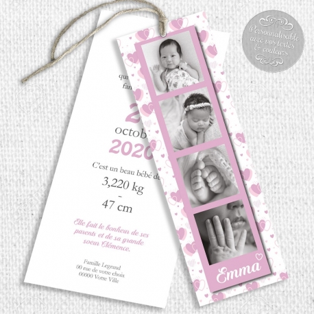 Faire part de naissance Fille - marque page - Motif coeurs rose