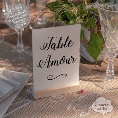 Marque-table blanc avec support bois personnalisé