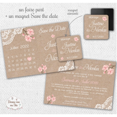 Faire part de mariage aimanté avec magnet - Bohème Romantique Calendrier