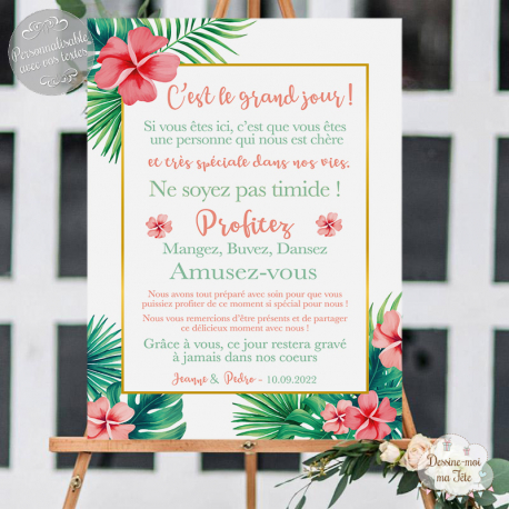 Tableau de Bienvenue Mariage - Merci Fleurs exotiques - personnalisé