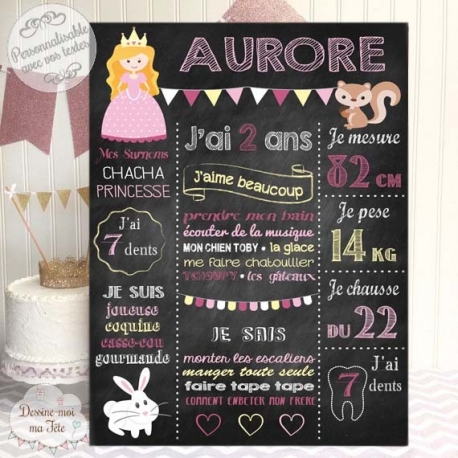 Affiche / Tableau Anniversaire personnalisé "Princesse Ardoise rose"