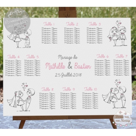 Plan de table Mariage "couple mariés Blanc 2" personnalisé