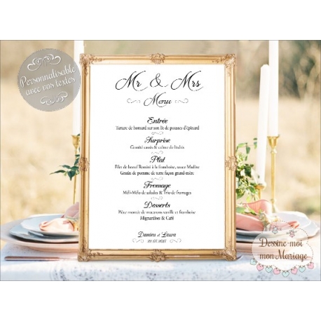 Tableau Menu Mariage "Minimaliste blanc" personnalisé